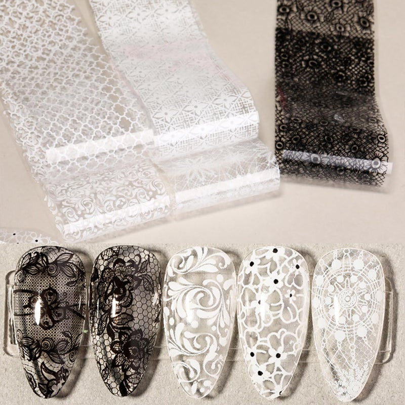 SILPECWEE 20 Rolls Lace Nail Foil White and Black Nail Transfer Foil Flower Nail Art Foils Decals Holographic Foils for Nails Manicure Stickers for DIY Acrylic Nails Decoration - Image 4